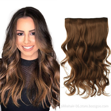 Hot Selling 24 inche Brown Long Wavy One Piece Clip in Hair Extensions for Black Russian White Women Synthetic Hair Extensions